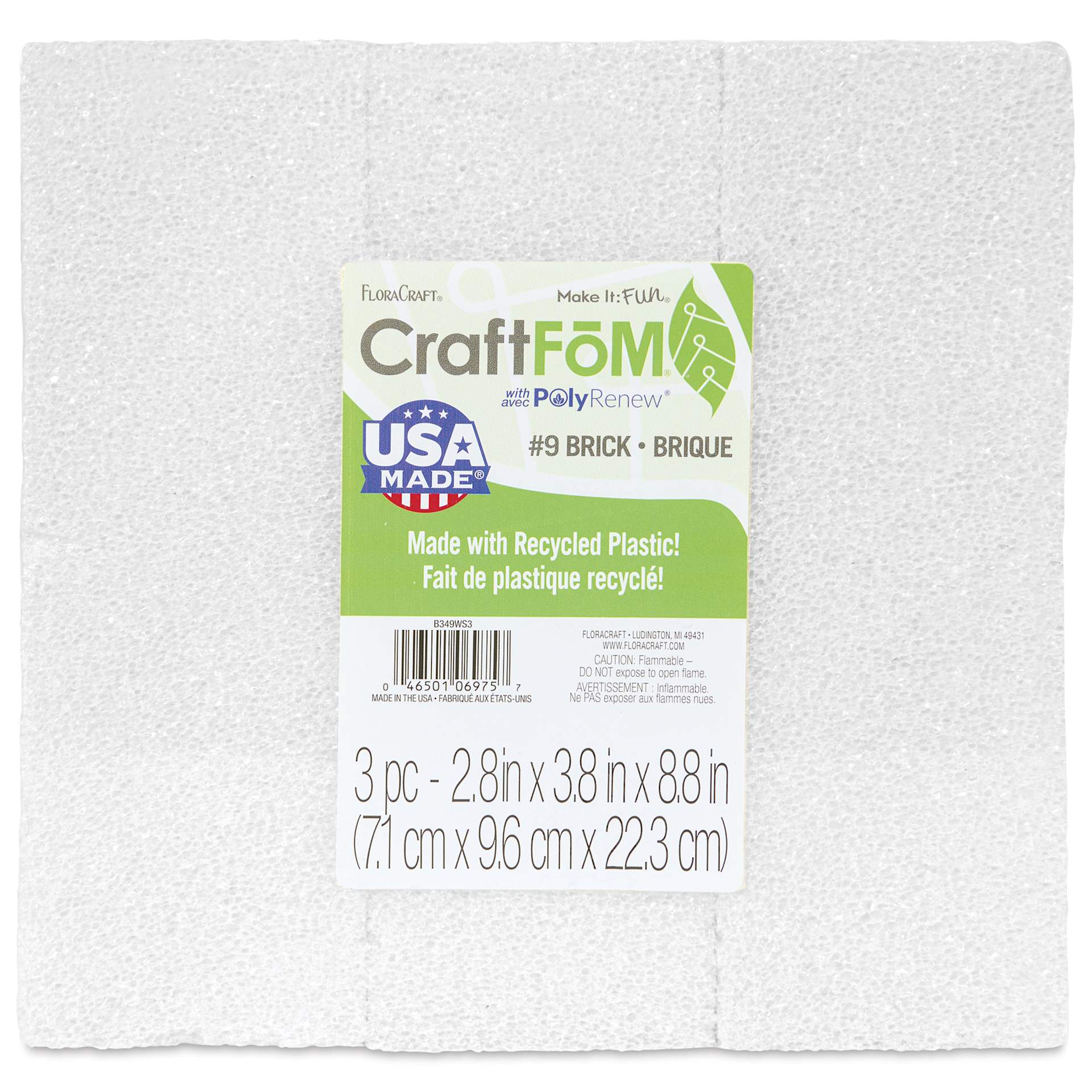 FloraCraft CraftFōM Blocks and Shapes - 2.8" x 3.8" x 8.8", Block, Pkg of 3 - front of packaging