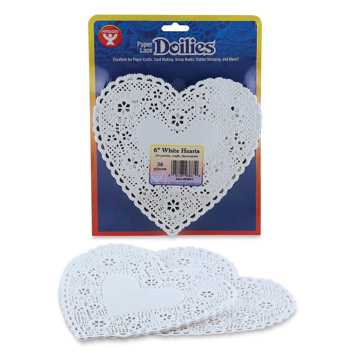 Hygloss Paper Doilies - White, Heart, 6", Pkg of 36
