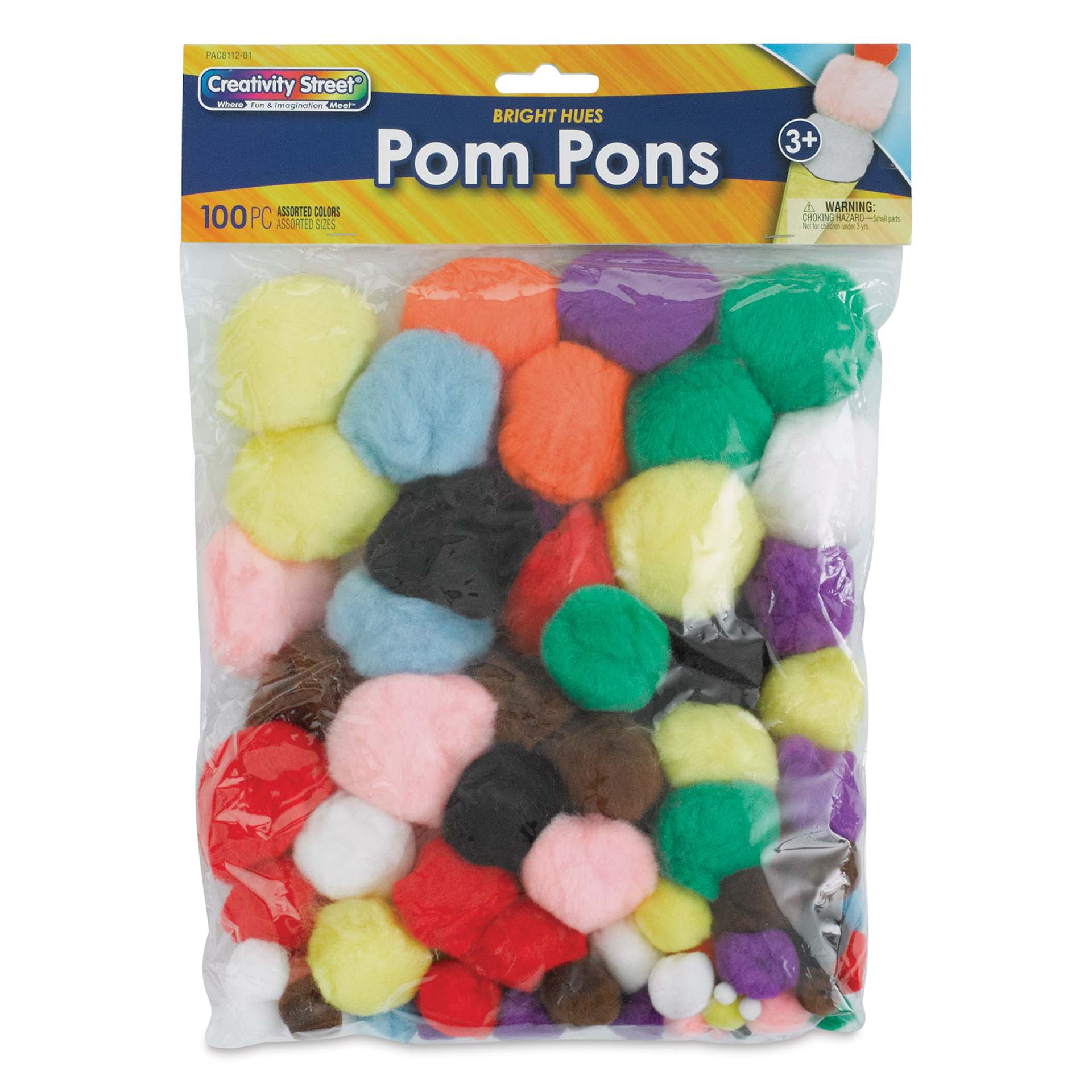 Creativity Street Pom Pons Assortments - Bright Hues, Assorted Sizes, Pkg of 100 front of the packaging