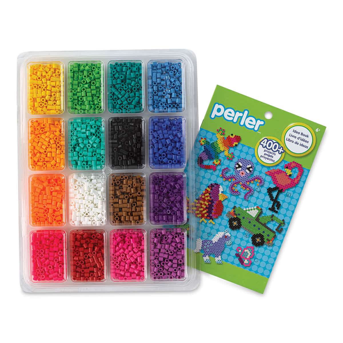 Perler Bead Tray - Assorted Colors, Pkg of 4000, next to idea booklet