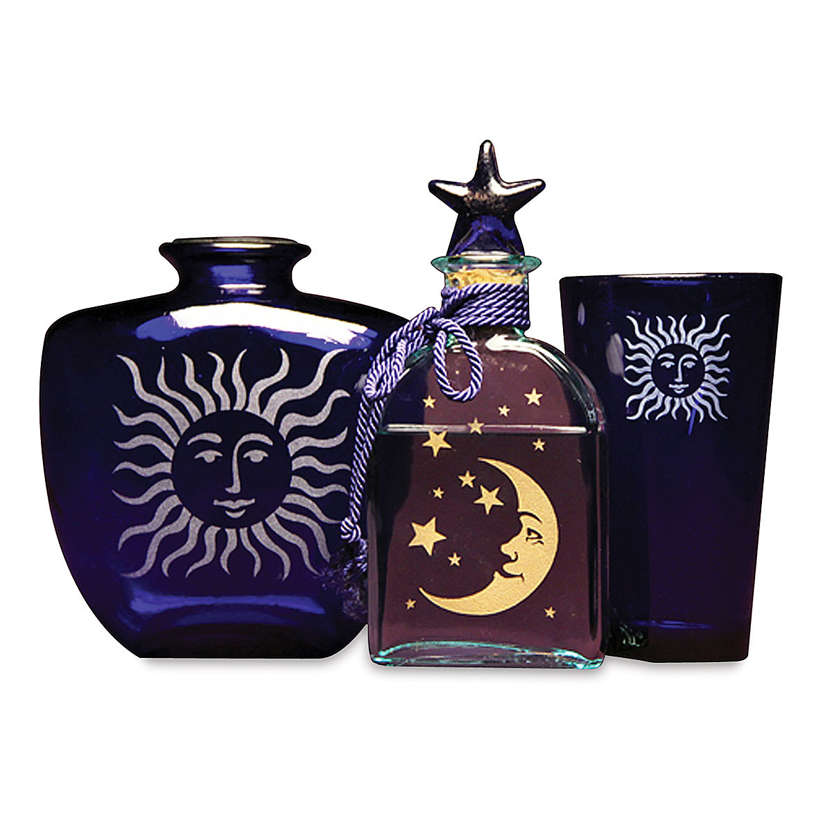 Armour Etch Glass Etching Cream - Glass objects etched with Sun and Moon Designs