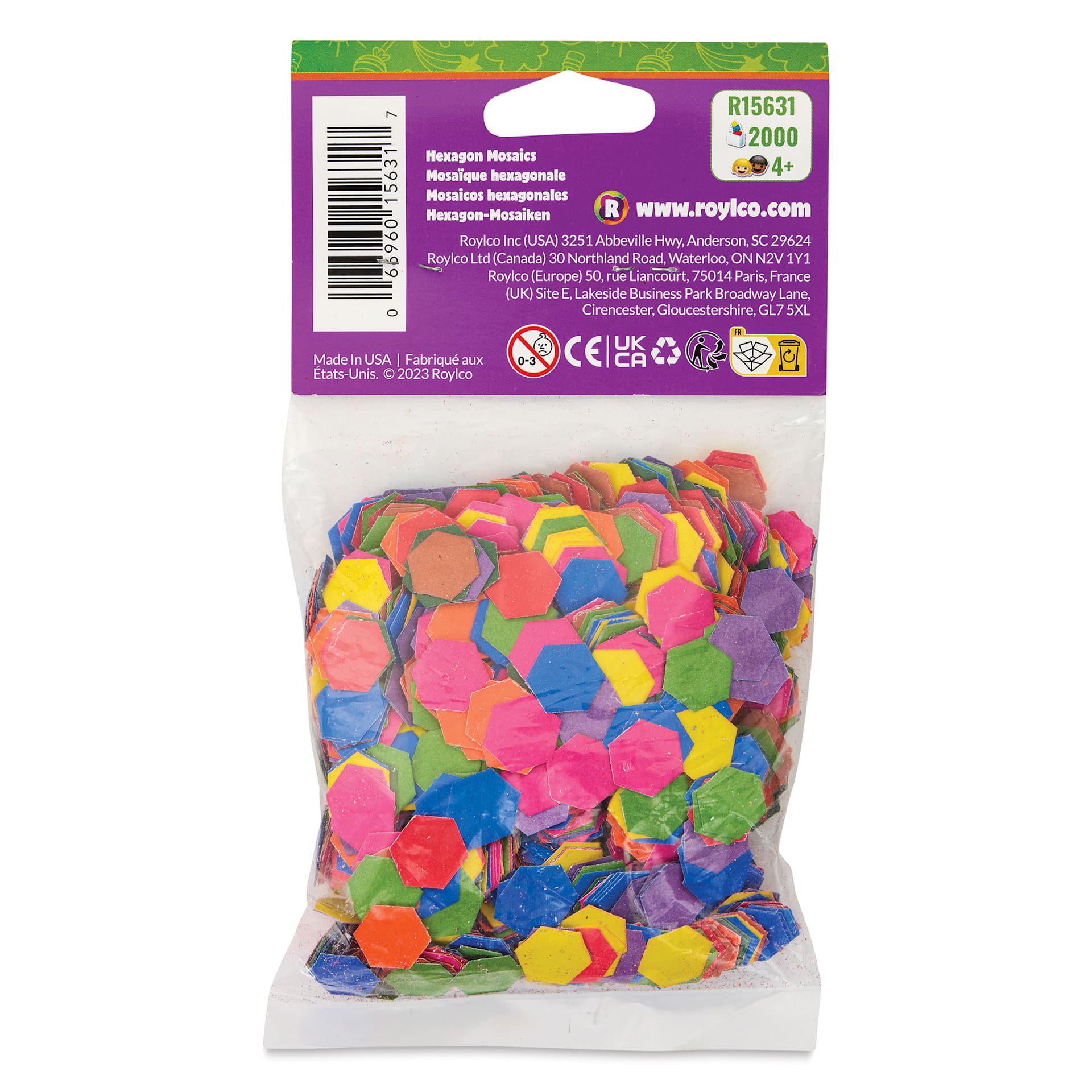 Roylco Mosaic Paper Hexagons - 1/2" x 1/2", Assorted Colors, Pkg of 2000 - back of packaging