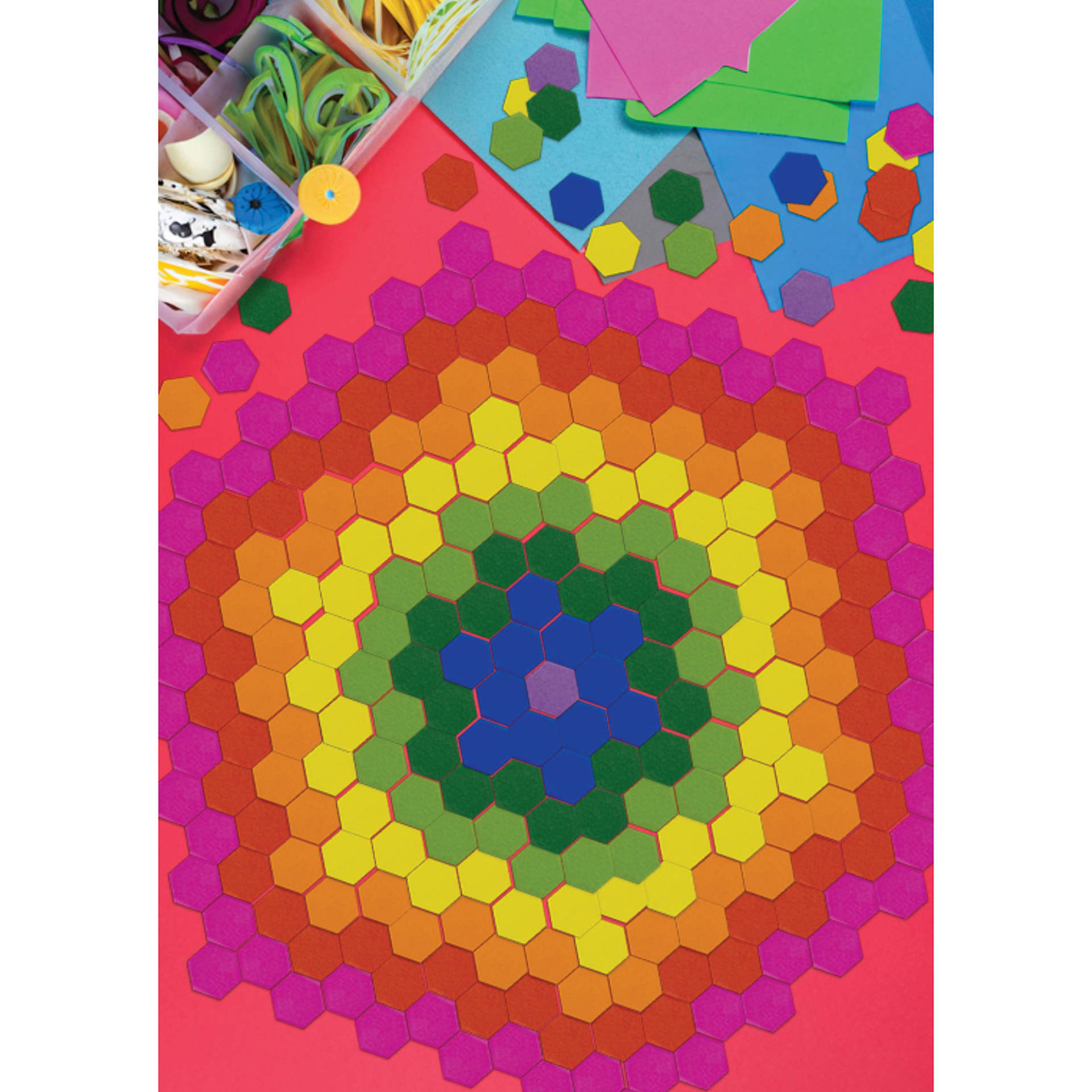 Roylco Mosaic Paper Hexagons - 1/2" x 1/2", Assorted Colors, Pkg of 2000 - in use on table