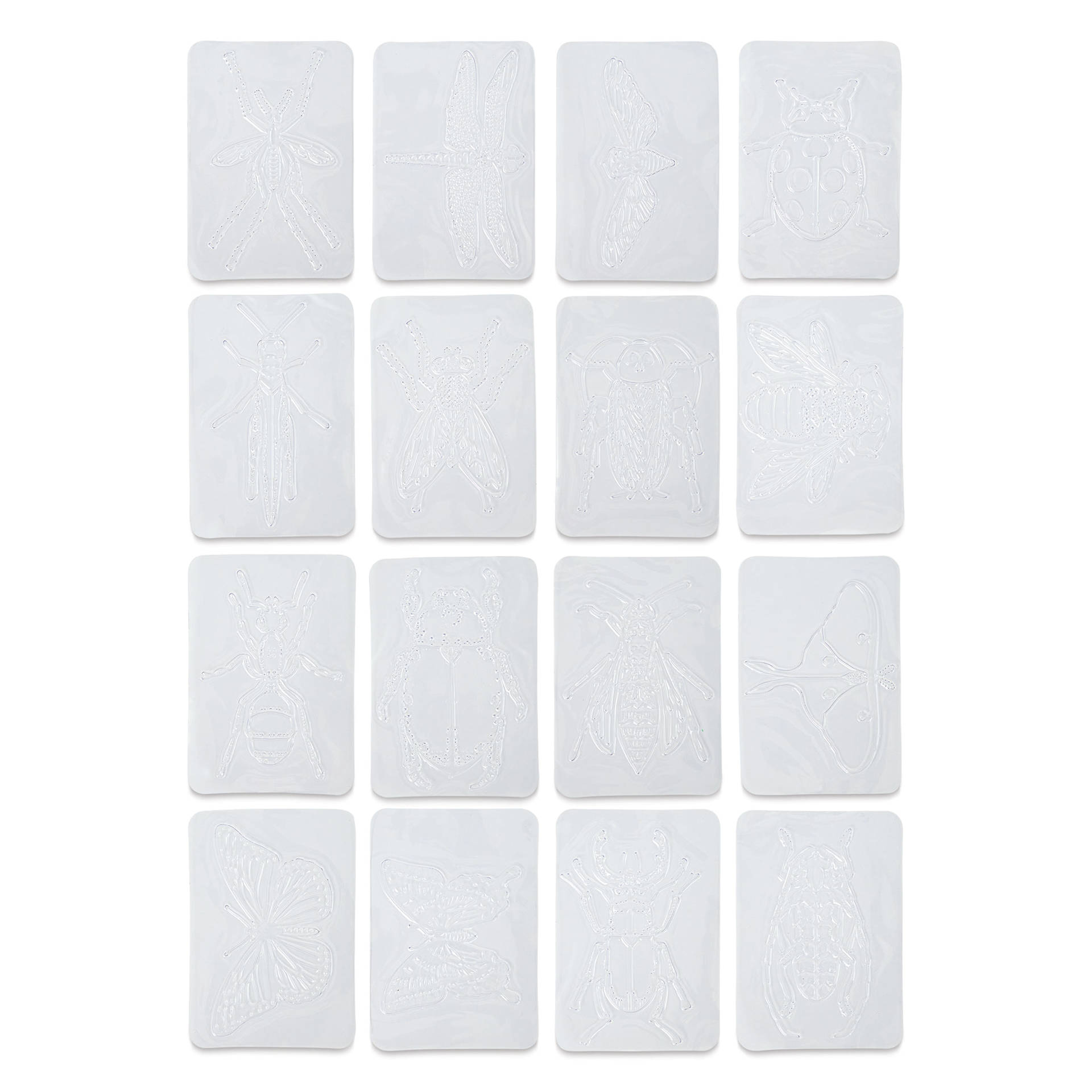 Roylco Rubbing Plates - Insects, Set of 16 laid out showing designs