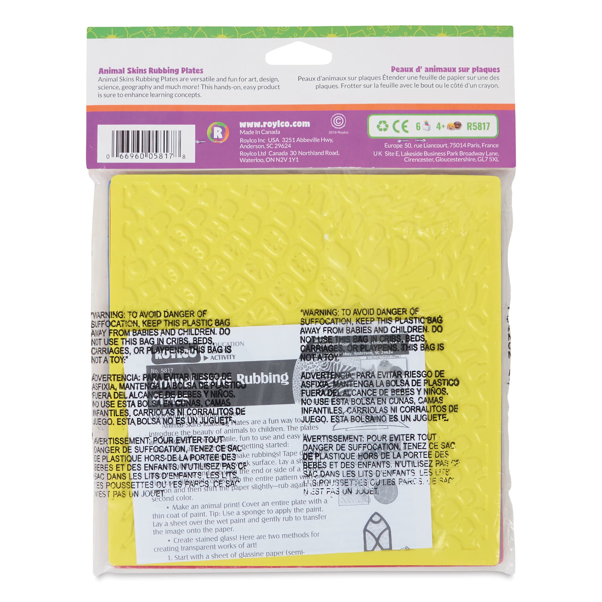 Roylco Rubbing Plates - Animal Skins, Set of 6, back of the packaging