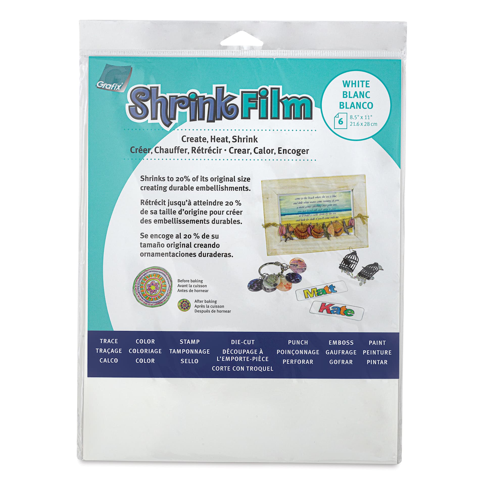 Grafix Shrink Film - 8.5" x 11", Shrink Film, White, 6 Sheets front of packaging