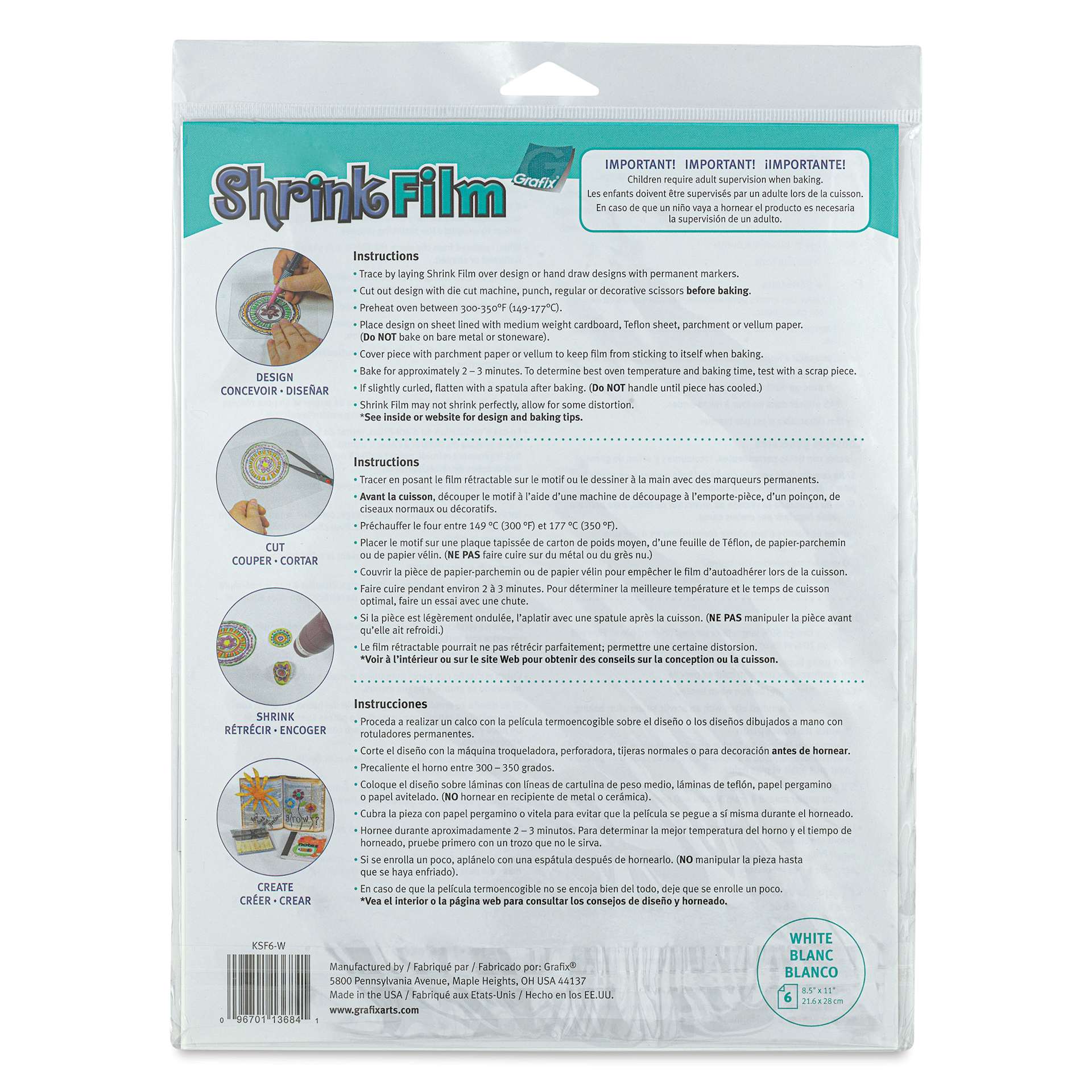 Grafix Shrink Film - 8.5" x 11", Shrink Film, White, 6 Sheets back of packaging