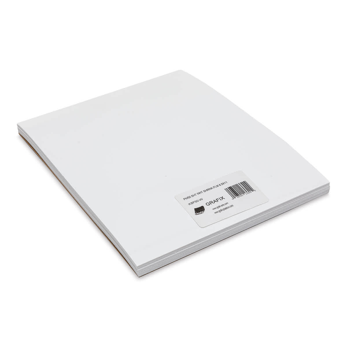 Grafix Shrink Film - 8.5" x 11", Shrink Film, White, 50 Sheets front of packaging, angled view