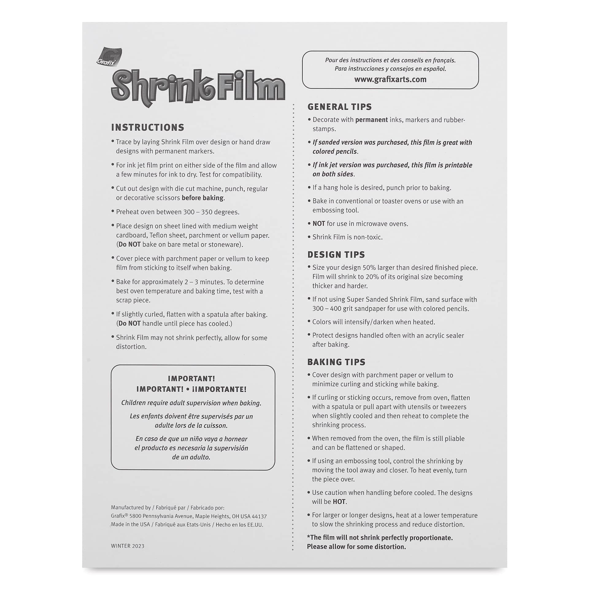 Grafix Shrink Film - 8.5" x 11", Inkjet Shrink Film, White, 50 Sheets back of packaging