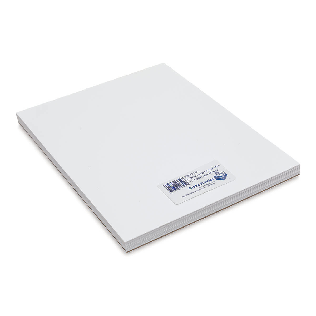 Grafix Shrink Film - 8.5" x 11", Inkjet Shrink Film, White, 50 Sheets front of packaging, angled view