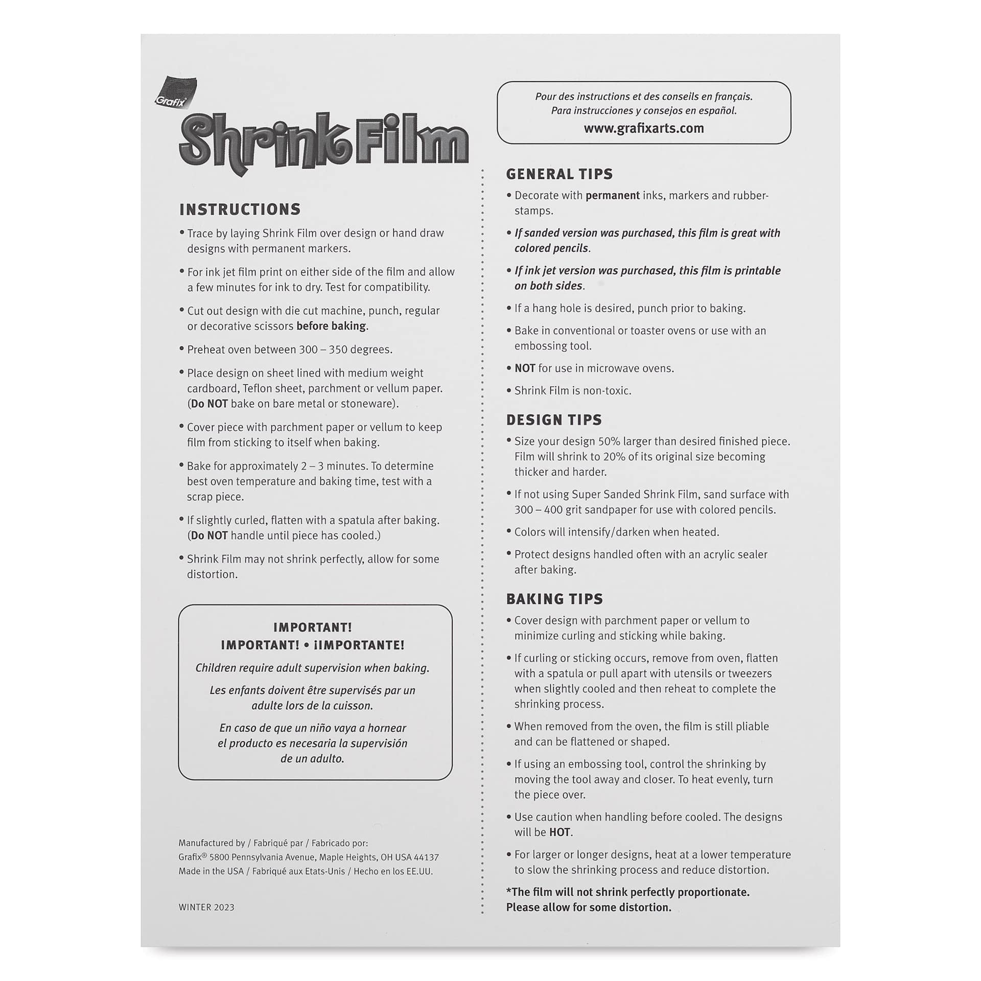 Grafix Shrink Film - 8.5" x 11", Shrink Film, Clear, 50 Sheets back of packaging