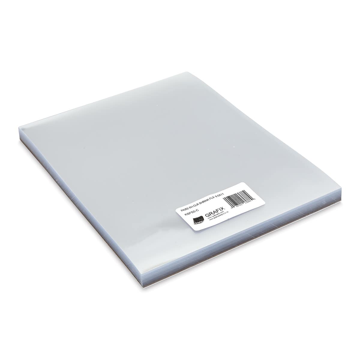 Grafix Shrink Film - 8.5" x 11", Shrink Film, Clear, 50 Sheets front of packaging, angled view