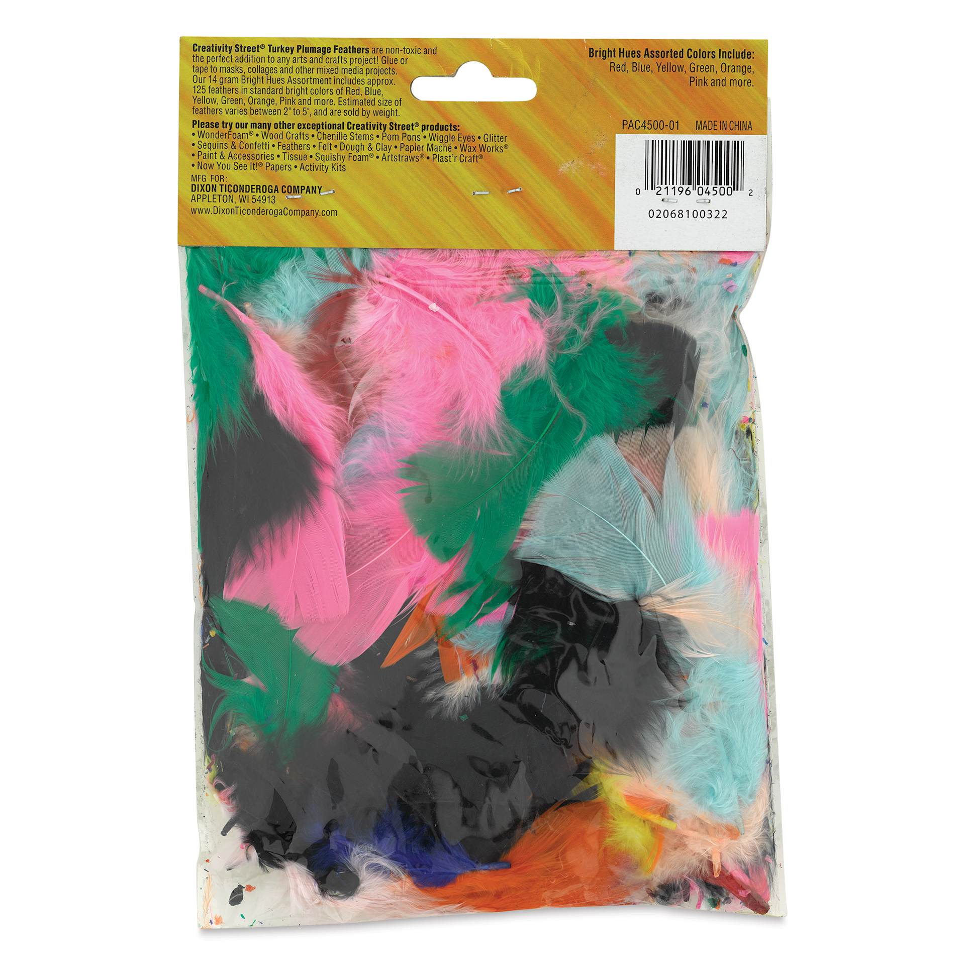 Creativity Street Plumage Feathers - Bright Hues, Assorted Sizes, 0.49 oz, back of the packaging