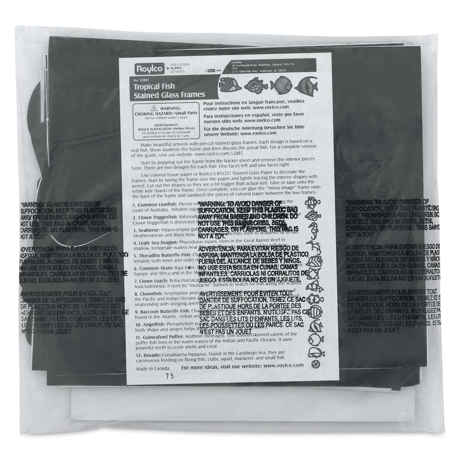 Roylco Stained Glass Frames Pack - Tropical Fish, Pkg of 24, back of the packaging