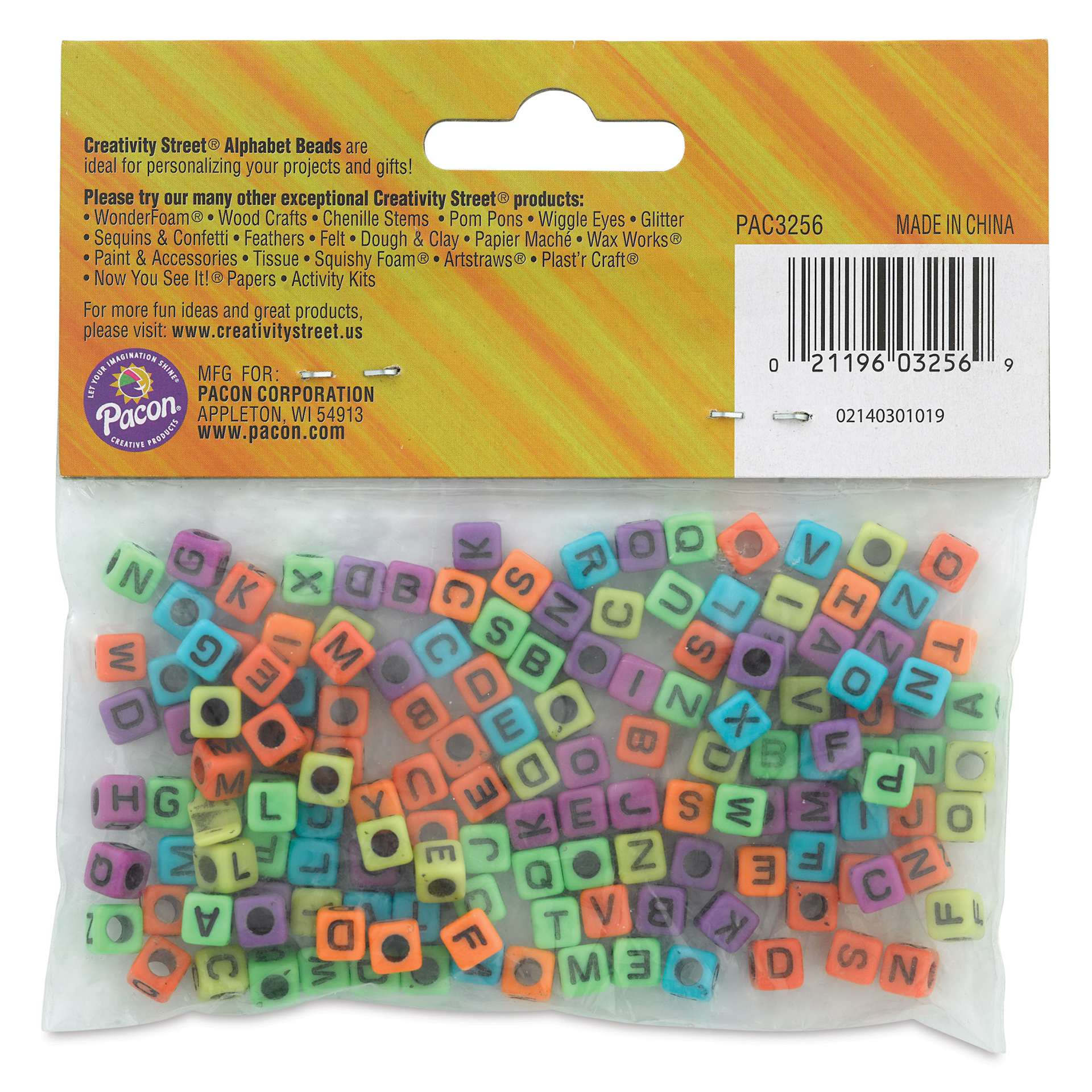 Creativity Street Plastic Alphabet Beads - Rainbow, Pkg of 150, back of the packaging