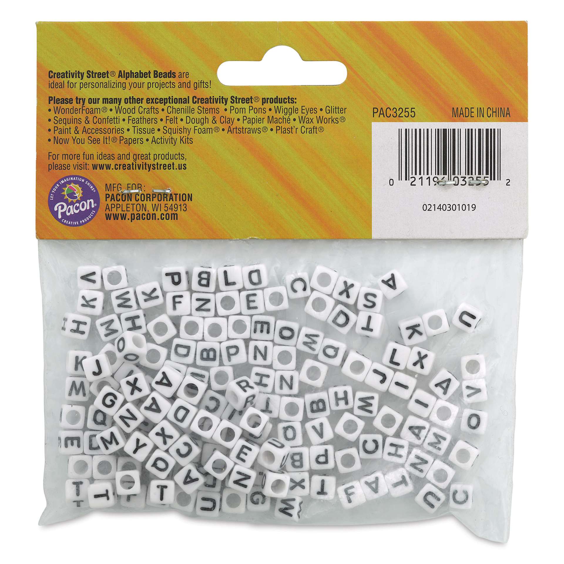Creativity Street Plastic Alphabet Beads - Black/White, Pkg of 150, back of the packaging