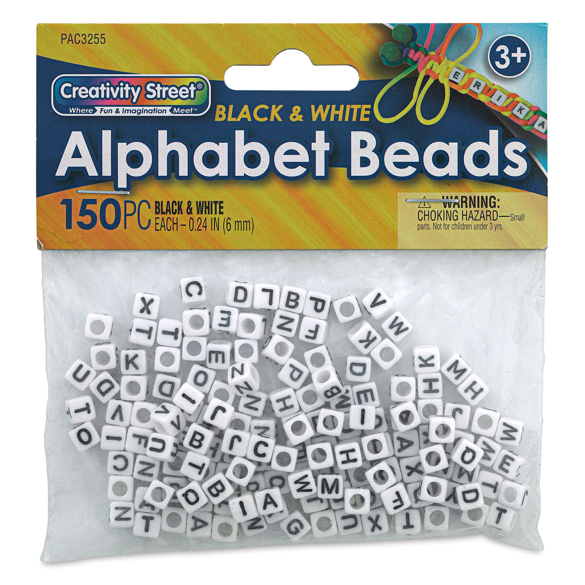 Creativity Street Plastic Alphabet Beads - Black/White, Pkg of 150, front of the packaging