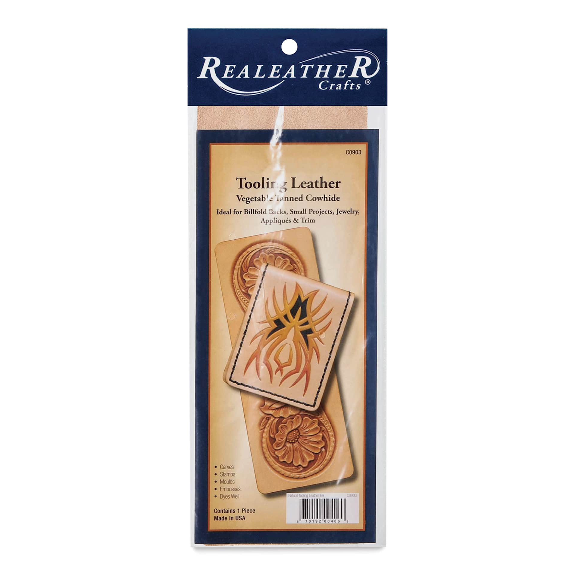 Realeather Veg-Tan Tooling Leather - Natural Cowhide, 9-3/8" x 3-1/2", front of the packaging