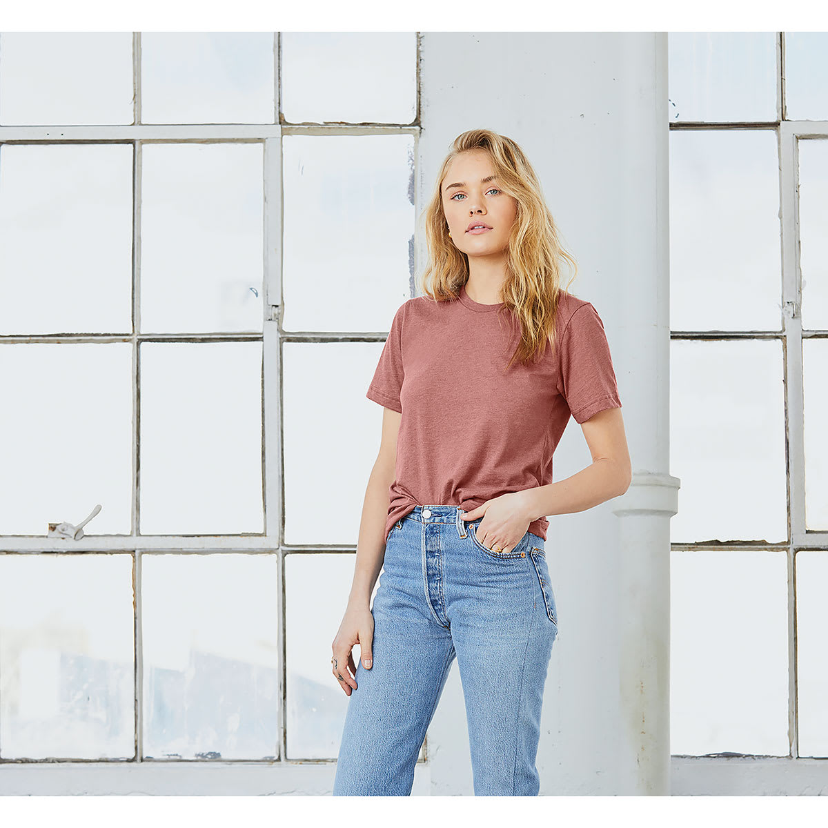 Bella Canvas Unisex T-shirts - Model wearing Mauve Heather color T-shirt, angled