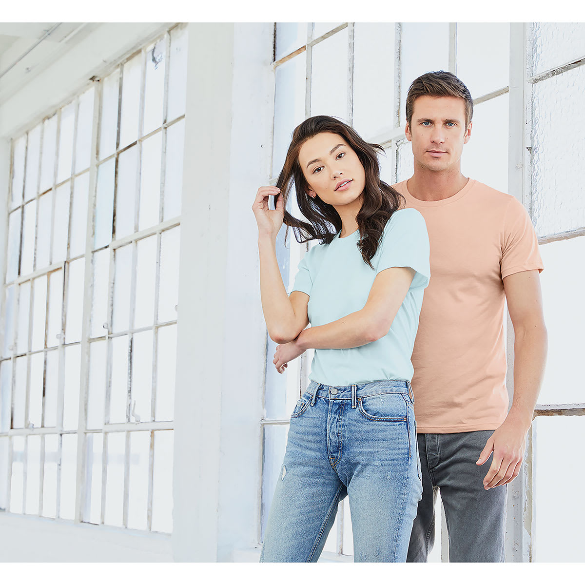 Bella Canvas Unisex T-shirt - Peach Heather, Large - couple wearing shirts of different colors