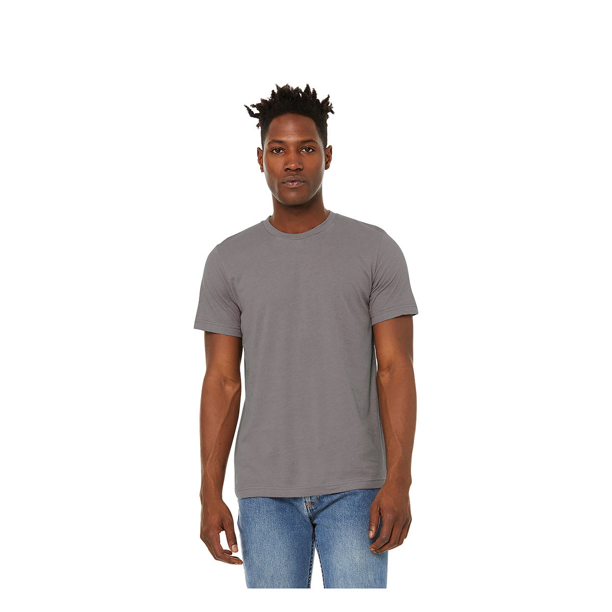Bella Canvas Unisex T-shirts - Model wearing Storm Heather color T-shirt