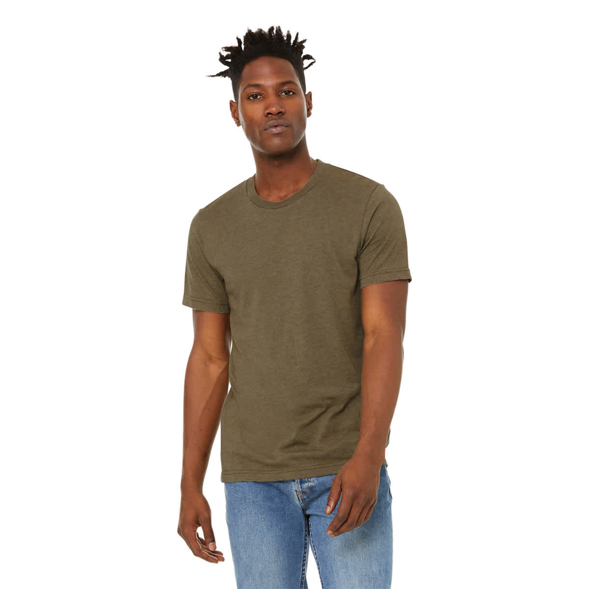 Bella Canvas Unisex T-shirt - Olive Heather, X-Small - on person, front