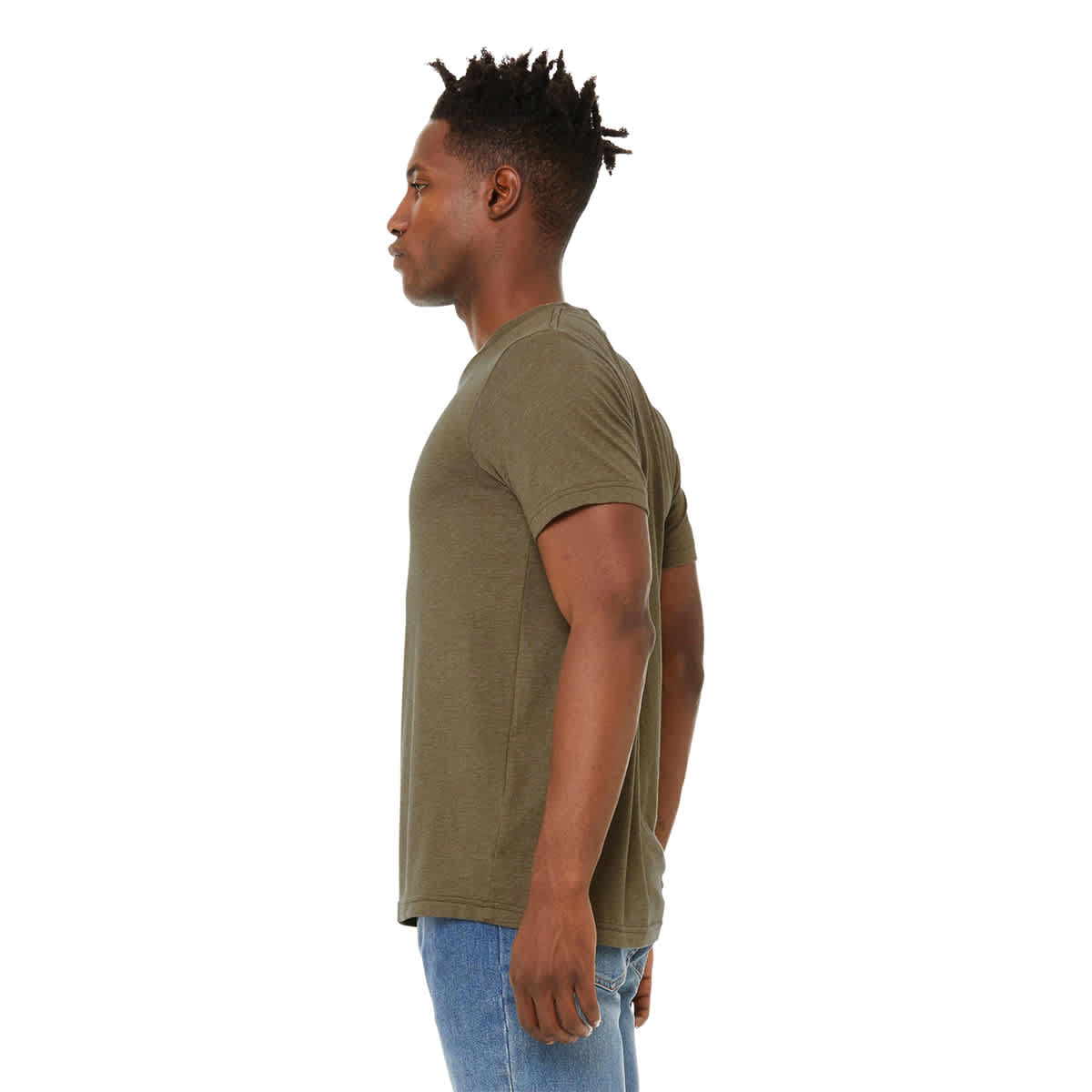 Bella Canvas Unisex T-shirt - Olive Heather, X-Small - on person, side