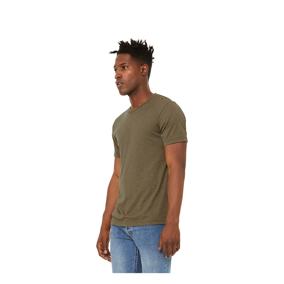 Bella Canvas Unisex T-shirt - Olive Heather, X-Large - on person, angled