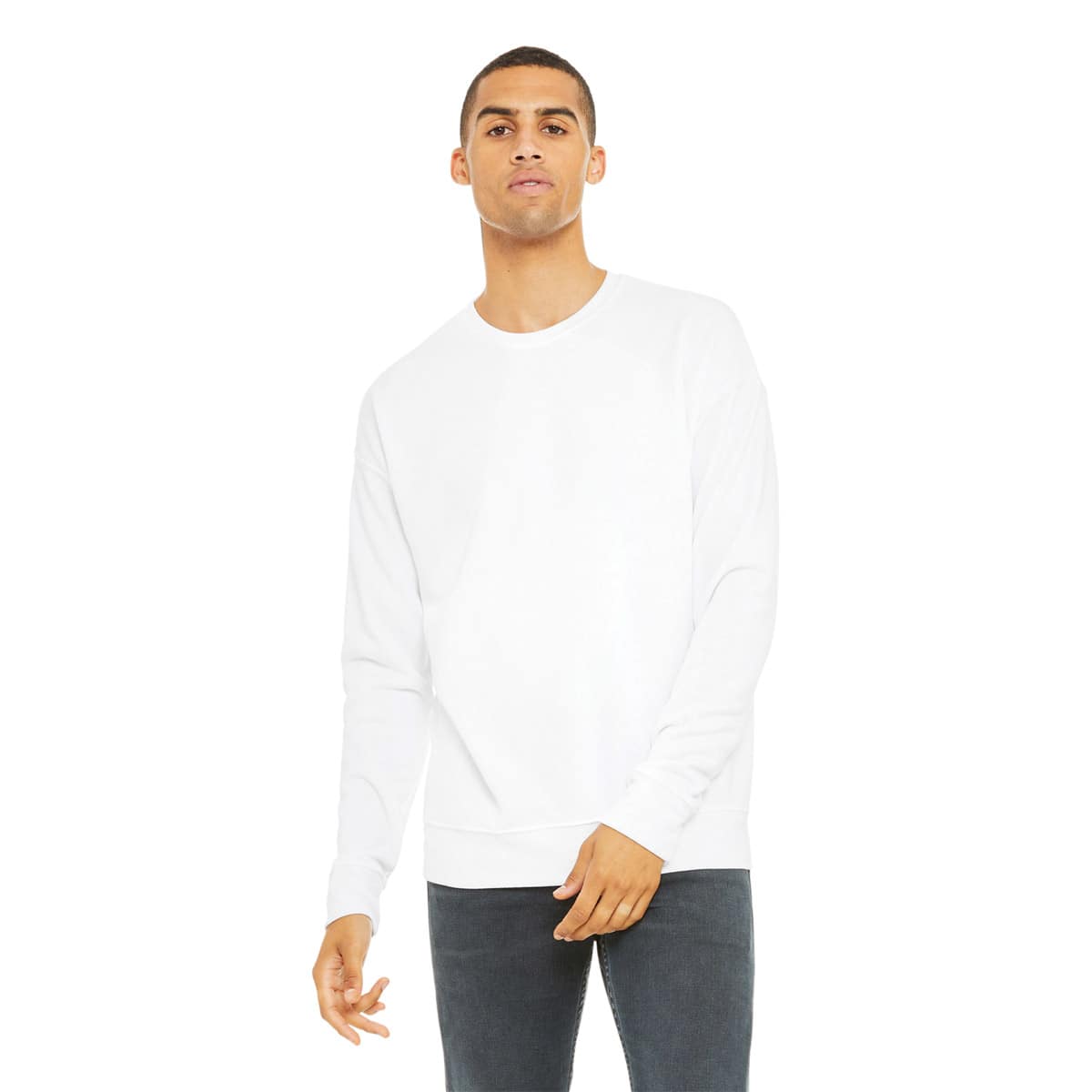Bella + Canvas Unisex Sponge Fleece Drop Shoulder Sweatshirt - White, X-Small - on person, front
