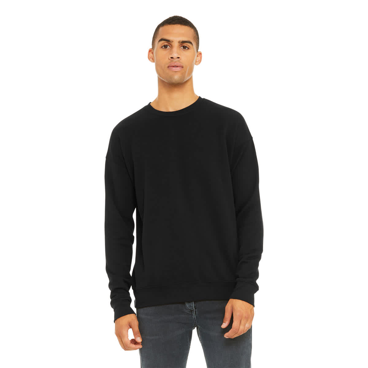 Bella + Canvas Unisex Sponge Fleece Drop Shoulder Sweatshirt - Black, X-Small - on person, front