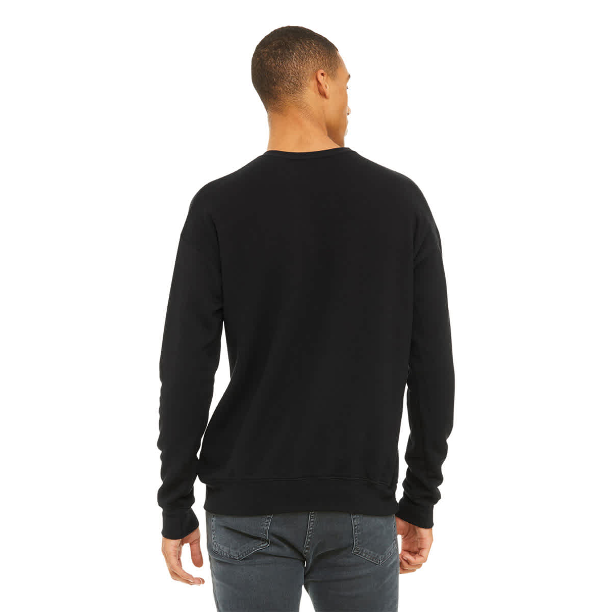 Bella + Canvas Unisex Sponge Fleece Drop Shoulder Sweatshirt - Black, X-Small - on person, back