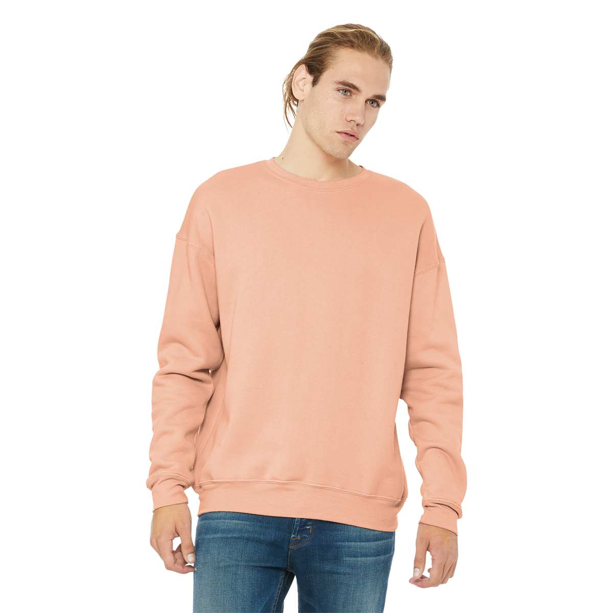 Bella + Canvas Unisex Sponge Fleece Drop Shoulder Sweatshirt - Peach, Small - on person, front