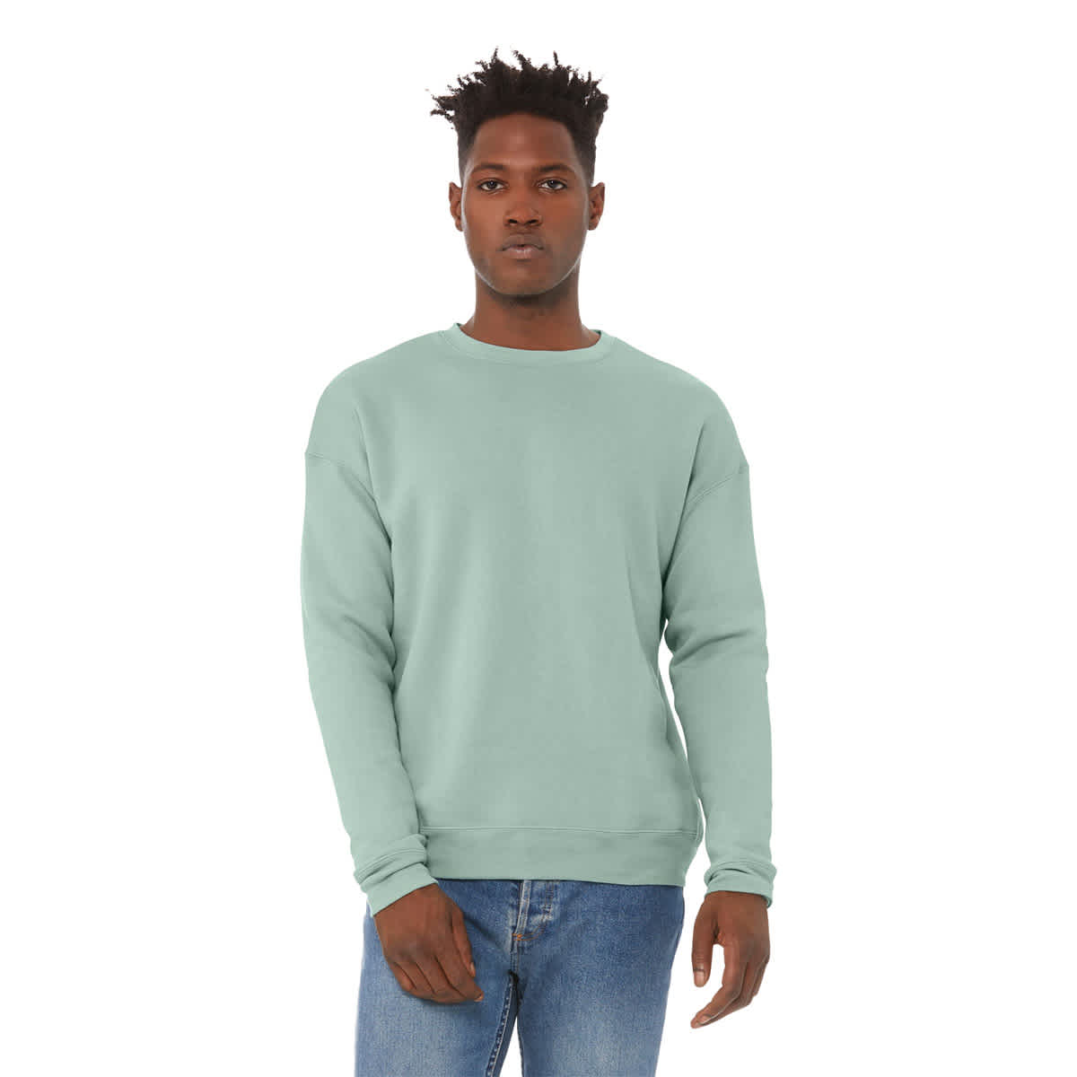 Bella + Canvas Unisex Sponge Fleece Drop Shoulder Sweatshirt - Dusty Blue, X-Small - on person, front