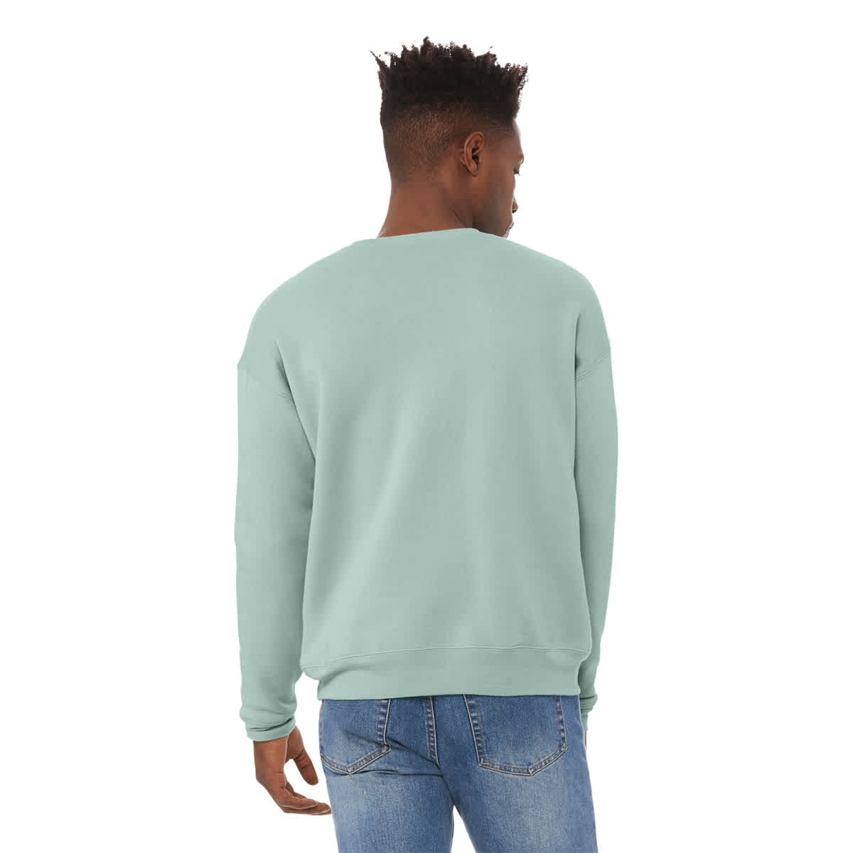 Bella + Canvas Unisex Sponge Fleece Drop Shoulder Sweatshirt - Dusty Blue, X-Small - on person, back
