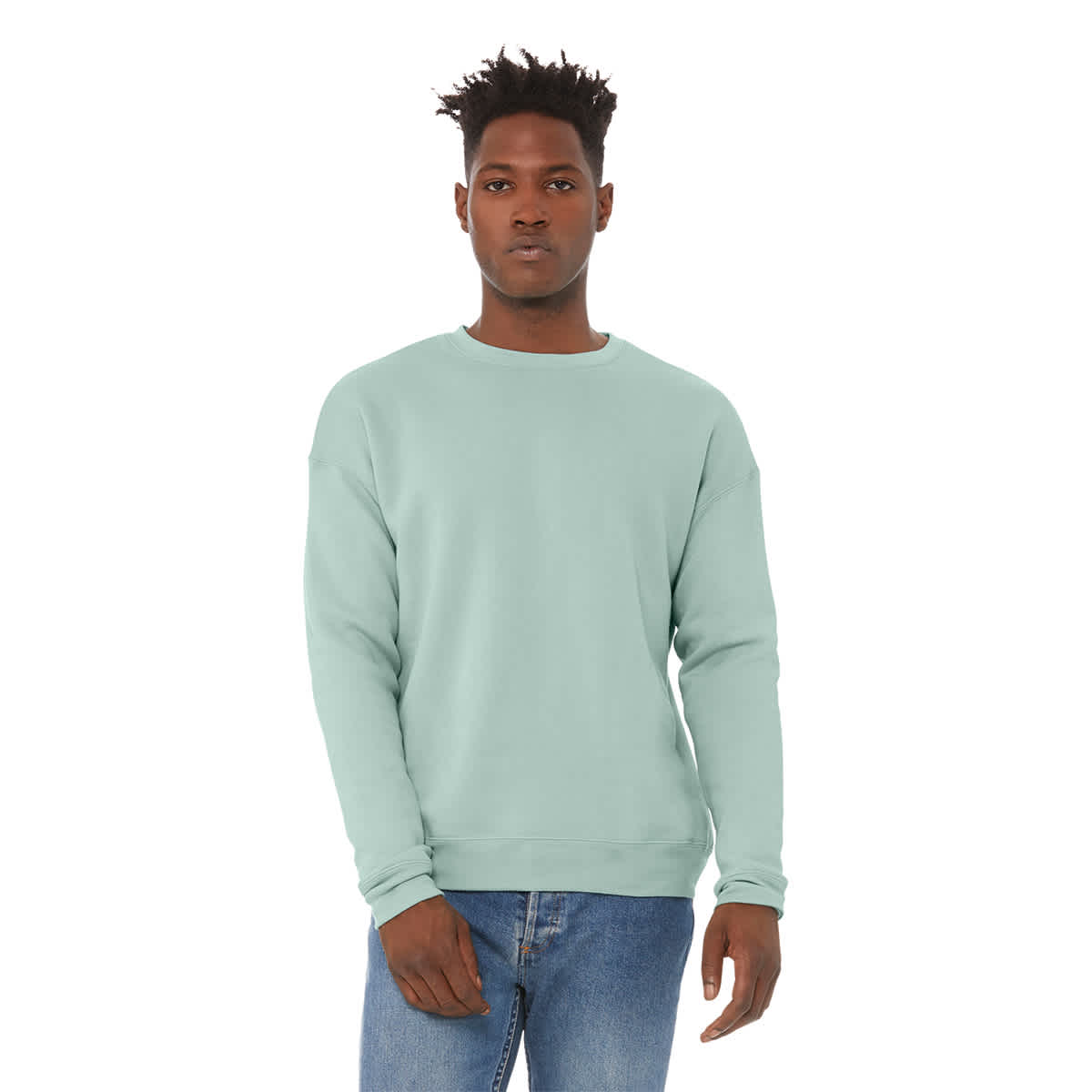 Bella + Canvas Unisex Sponge Fleece Drop Shoulder Sweatshirt - Dusty Blue, Medium - on person, front