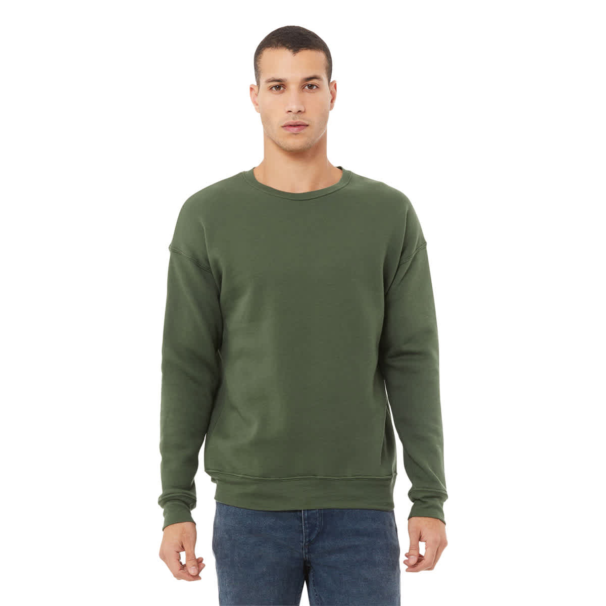 Bella + Canvas Unisex Sponge Fleece Drop Shoulder Sweatshirt - Military Green, X-Small - on person, front