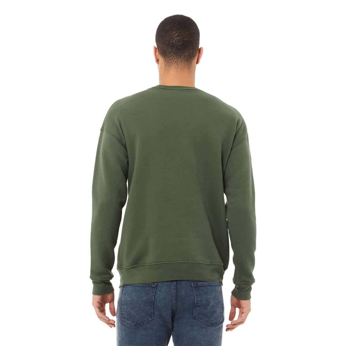 Bella + Canvas Unisex Sponge Fleece Drop Shoulder Sweatshirt - Military Green, X-Small - on person, back