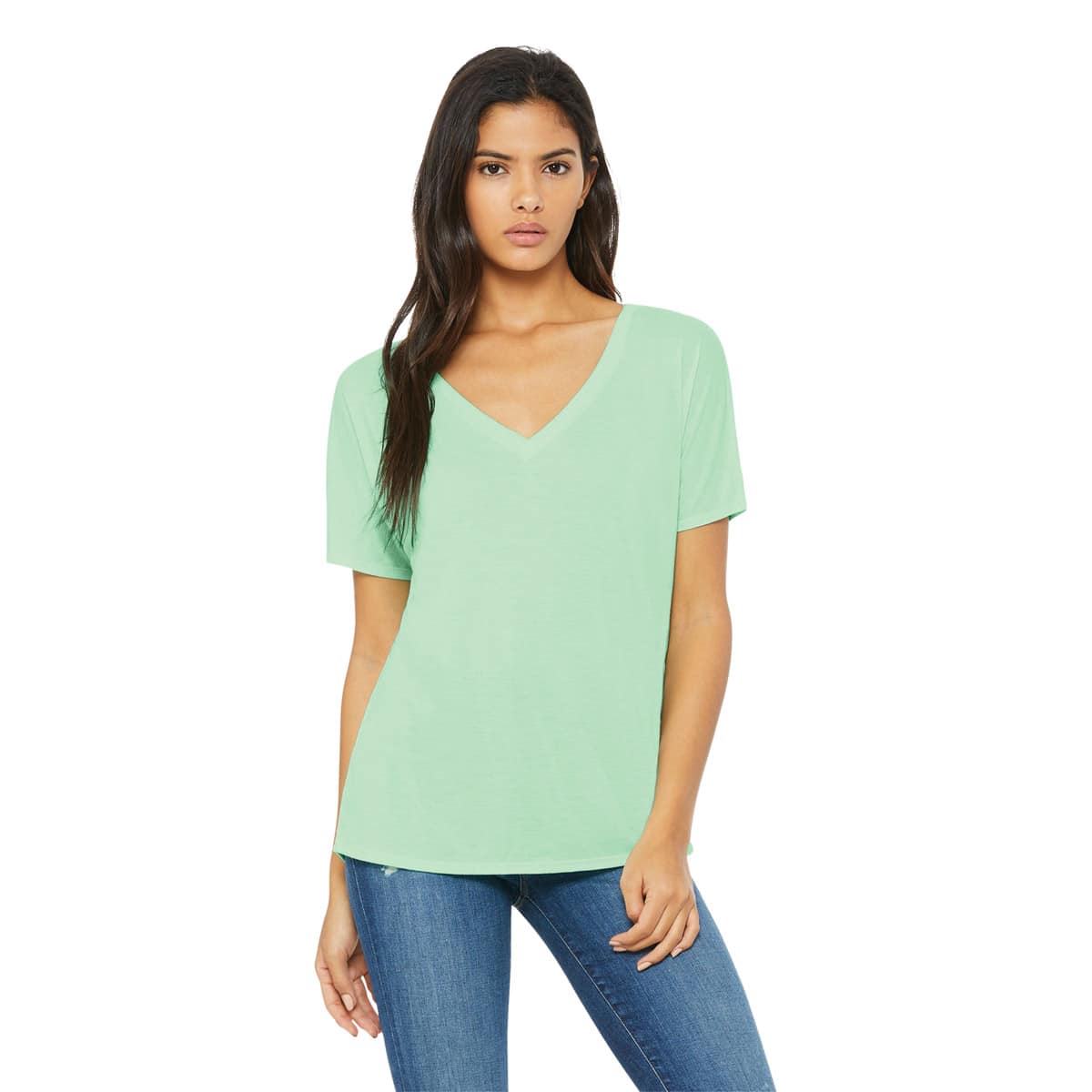 Bella + Canvas Slouchy V-neck T-shirt - Mint, Small - on person, front