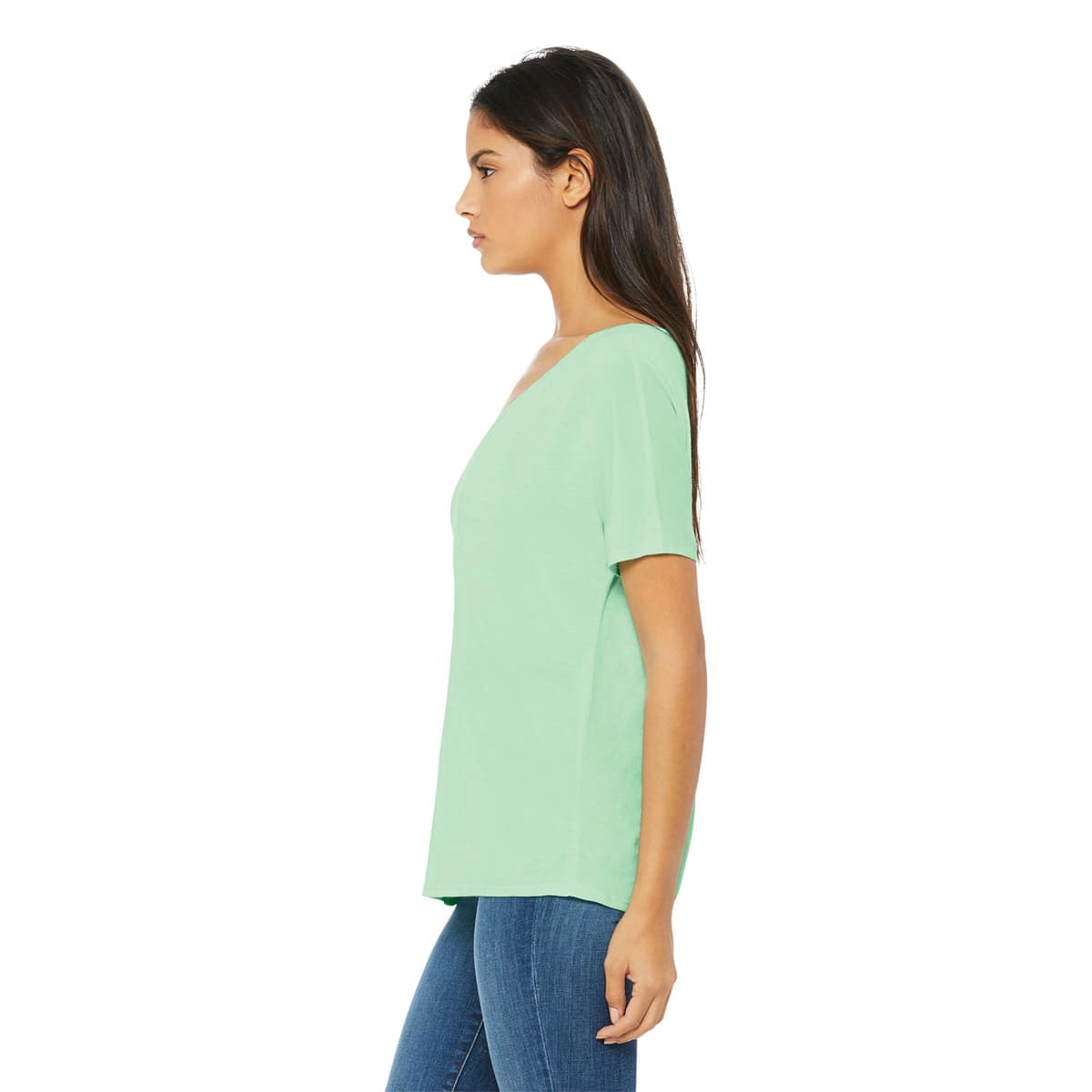 Bella + Canvas Slouchy V-neck T-shirt - Mint, Small - on person, side