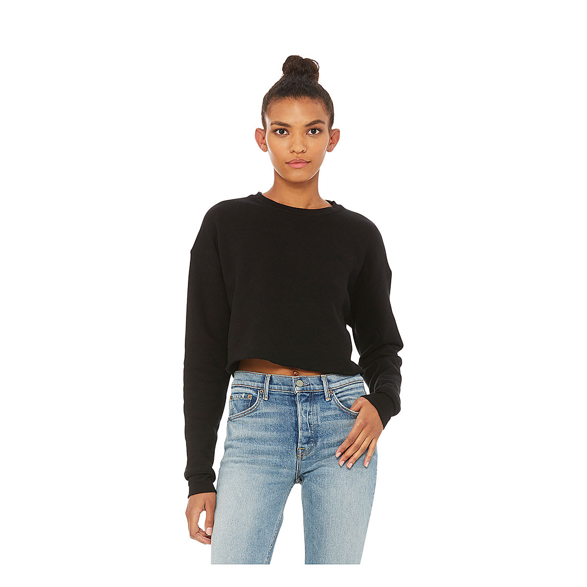 Bella Canvas Cropped Crew Fleece - Black, Medium - on person, front