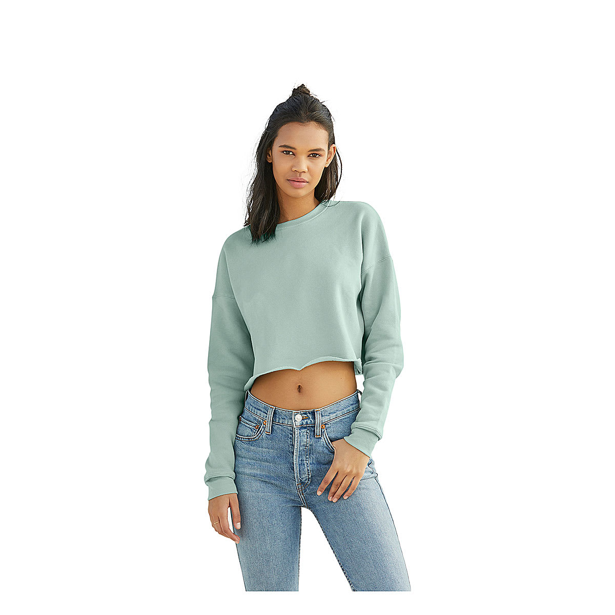 Bella Canvas Cropped Crew Fleece - Dusty Blue, Medium, woman wearing cropped crew fleece