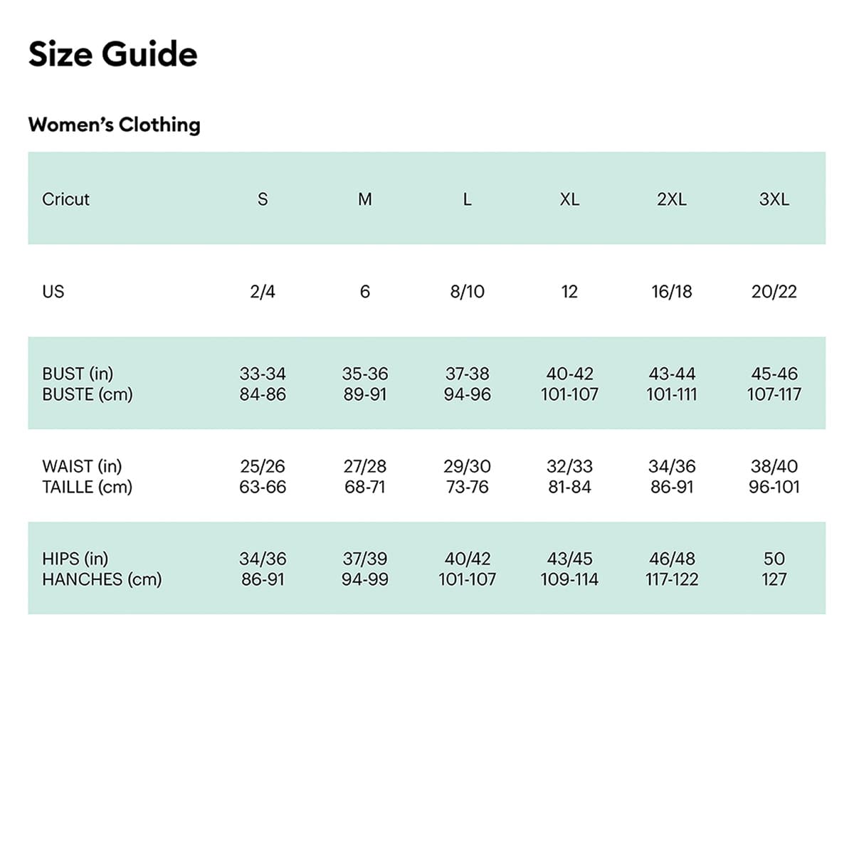 Cricut Adult T-Shirt Blanks - Sizing Chart