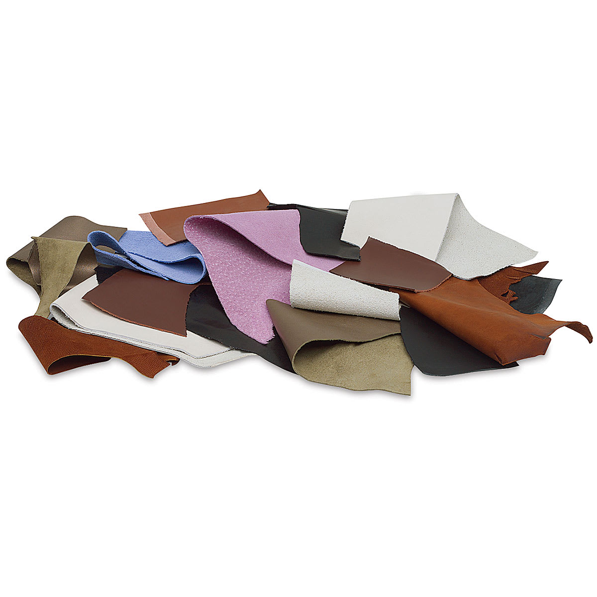 Realeather Premium Leather Remnants - Components of 1 lb bag of various types and colors of leather scraps