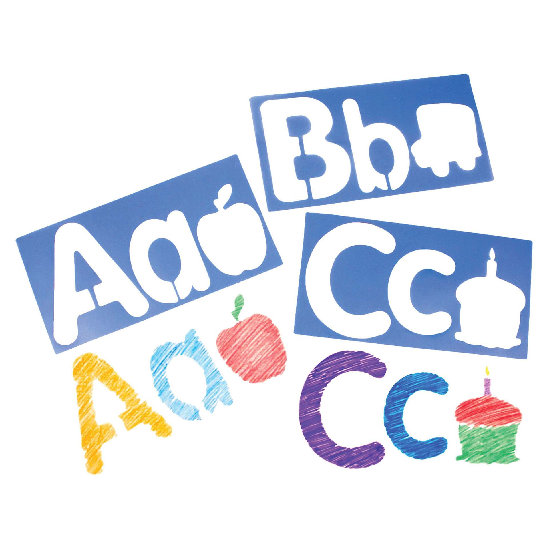 Roylco Big Alphabets and Pictures, three stencils laid out, traced and colored in