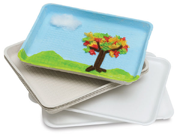 Hygloss Craft Trays - Two Styrofoam and two pulp trays shown in stack with top one painted with tree