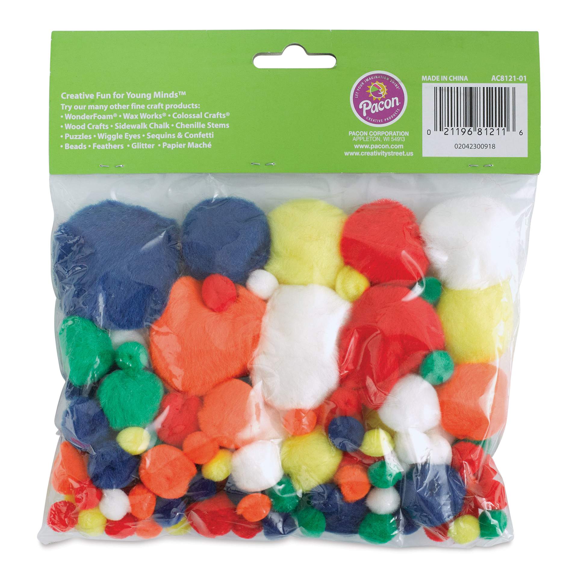 Creativity Street Pom Pons Assortments - Bright Hues, 1/4" to 2", Pkg of 100, back of the packaging