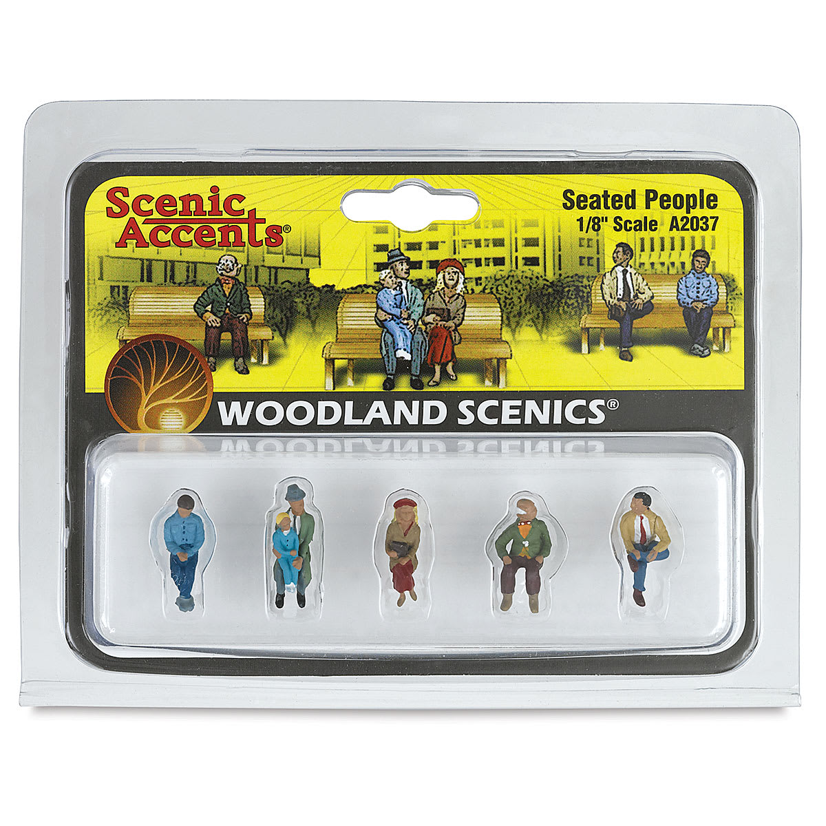 Woodland Scenics Model Scenery - Front of package of 5 Seated Figures in 1/8th scale

