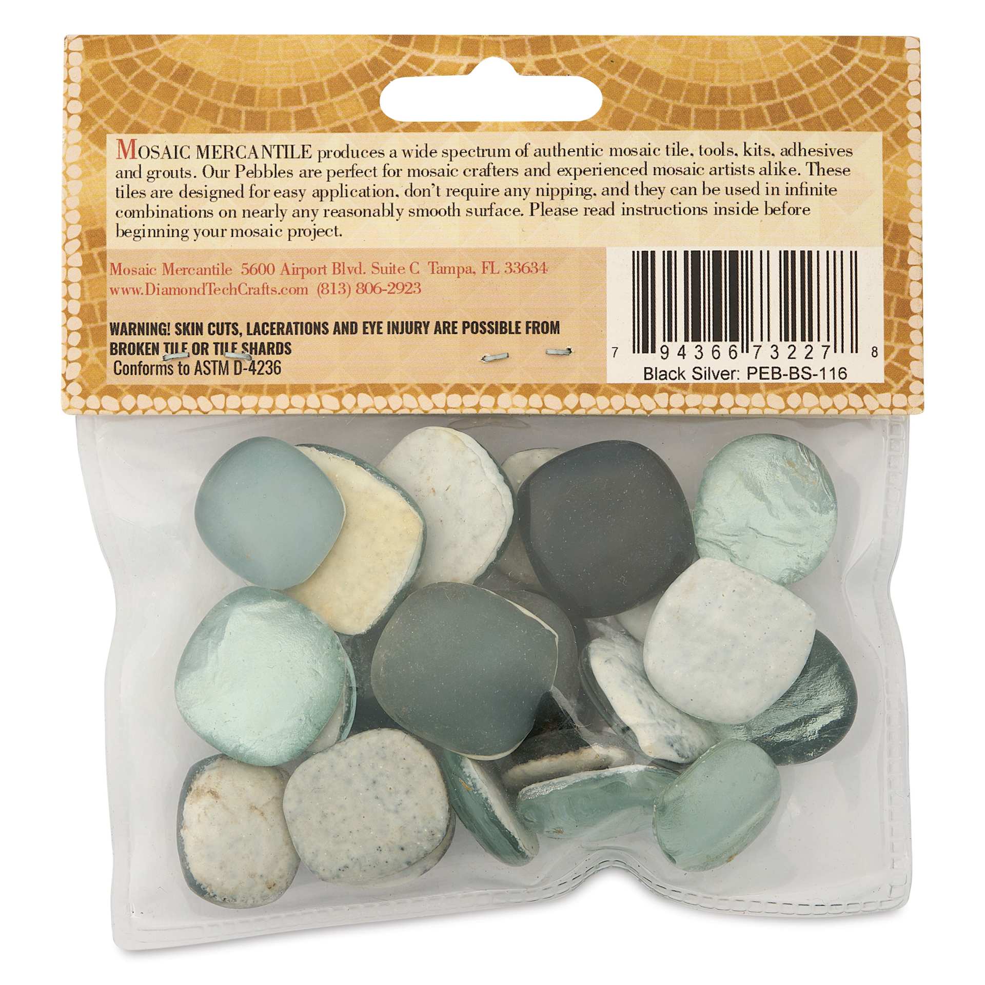 Mosaic Mercantile Glass Pebble Tiles - Black Silver, 4 oz, back of packaging