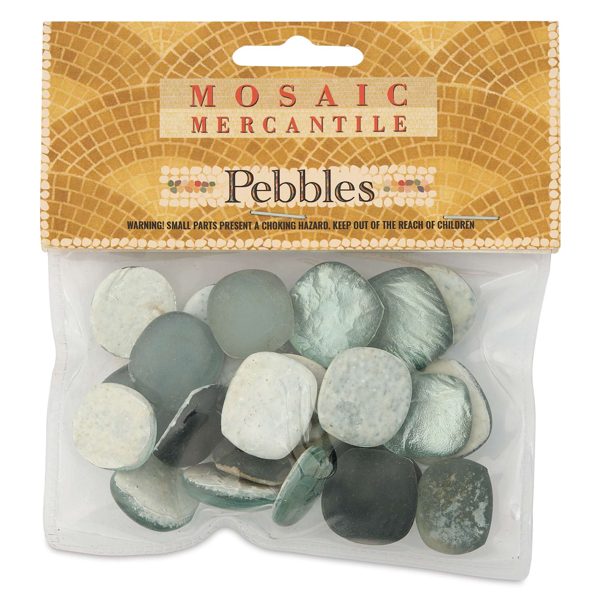 Mosaic Mercantile Glass Pebble Tiles - Black Silver, 4 oz, front of packaging