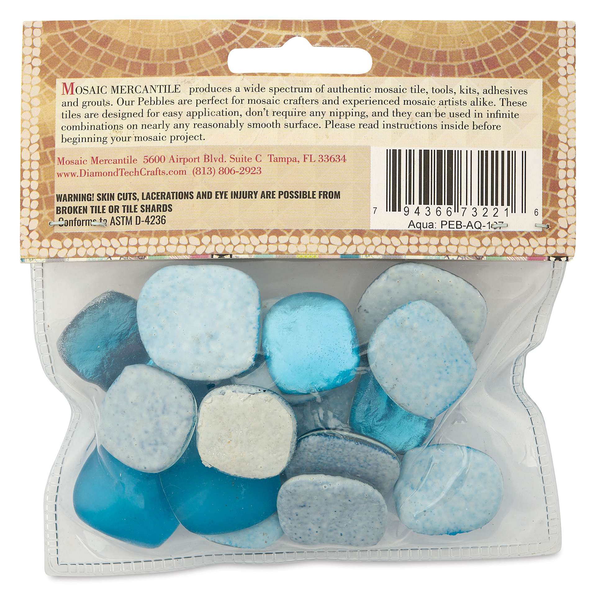 Mosaic Mercantile Glass Pebble Tiles - Aqua, 4 oz, back of packaging